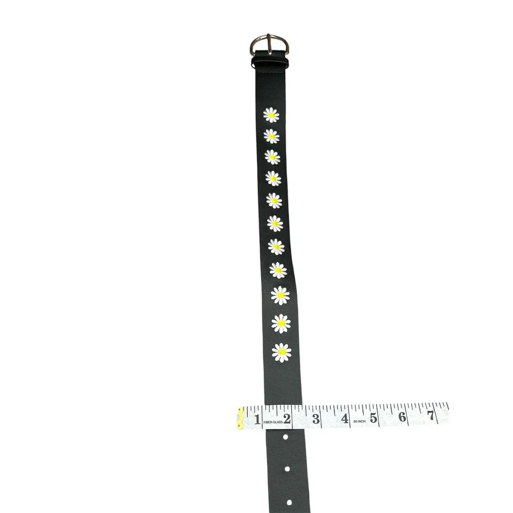Kids Black Faux Leather Daisy Floral Print Belt Silver Buckle 25‎ Inch Length